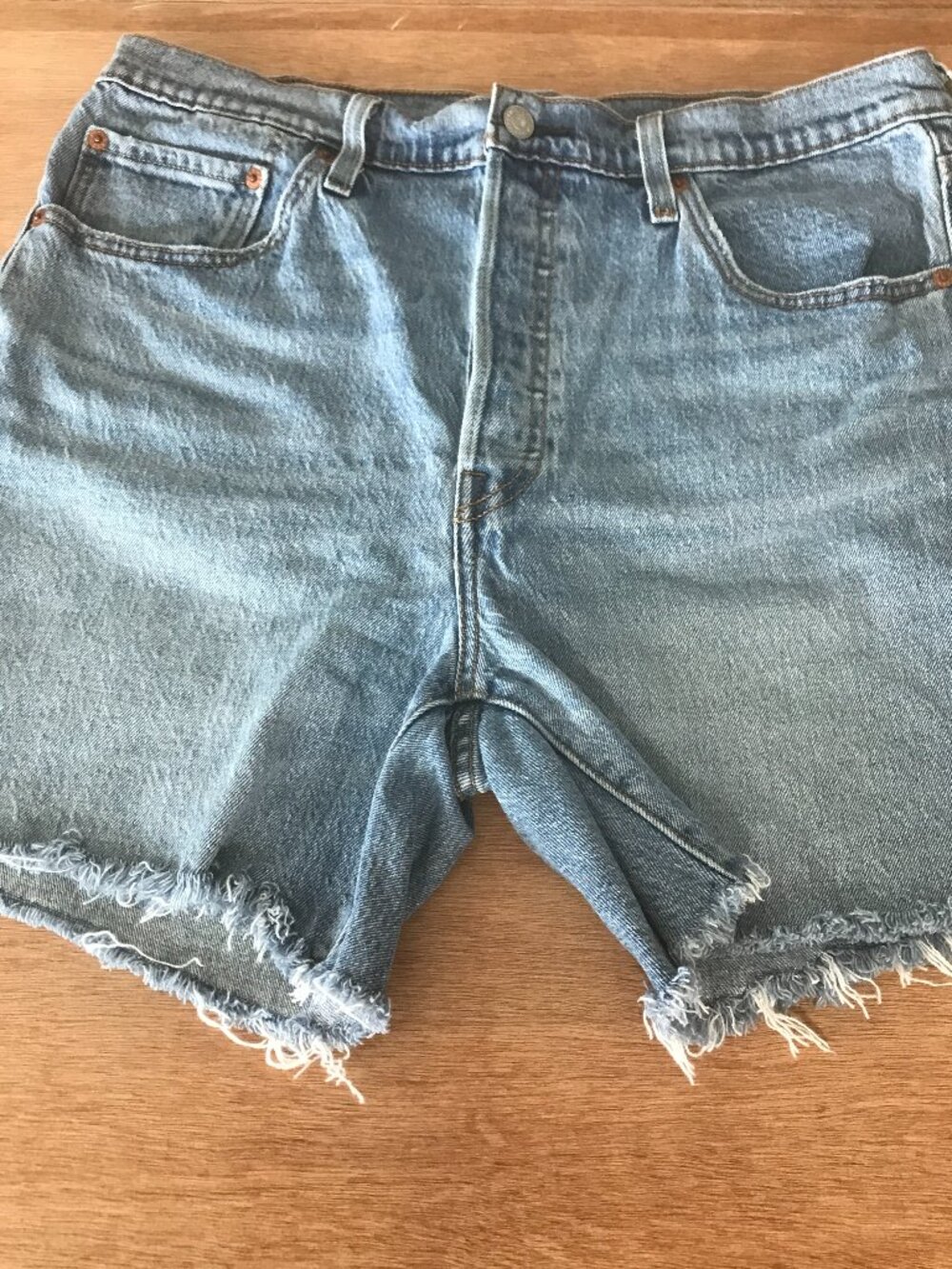 Levi's 501 Mid Thigh Cut Off Shorts Women 32 Blue High Rise Button Fly Raw Hem